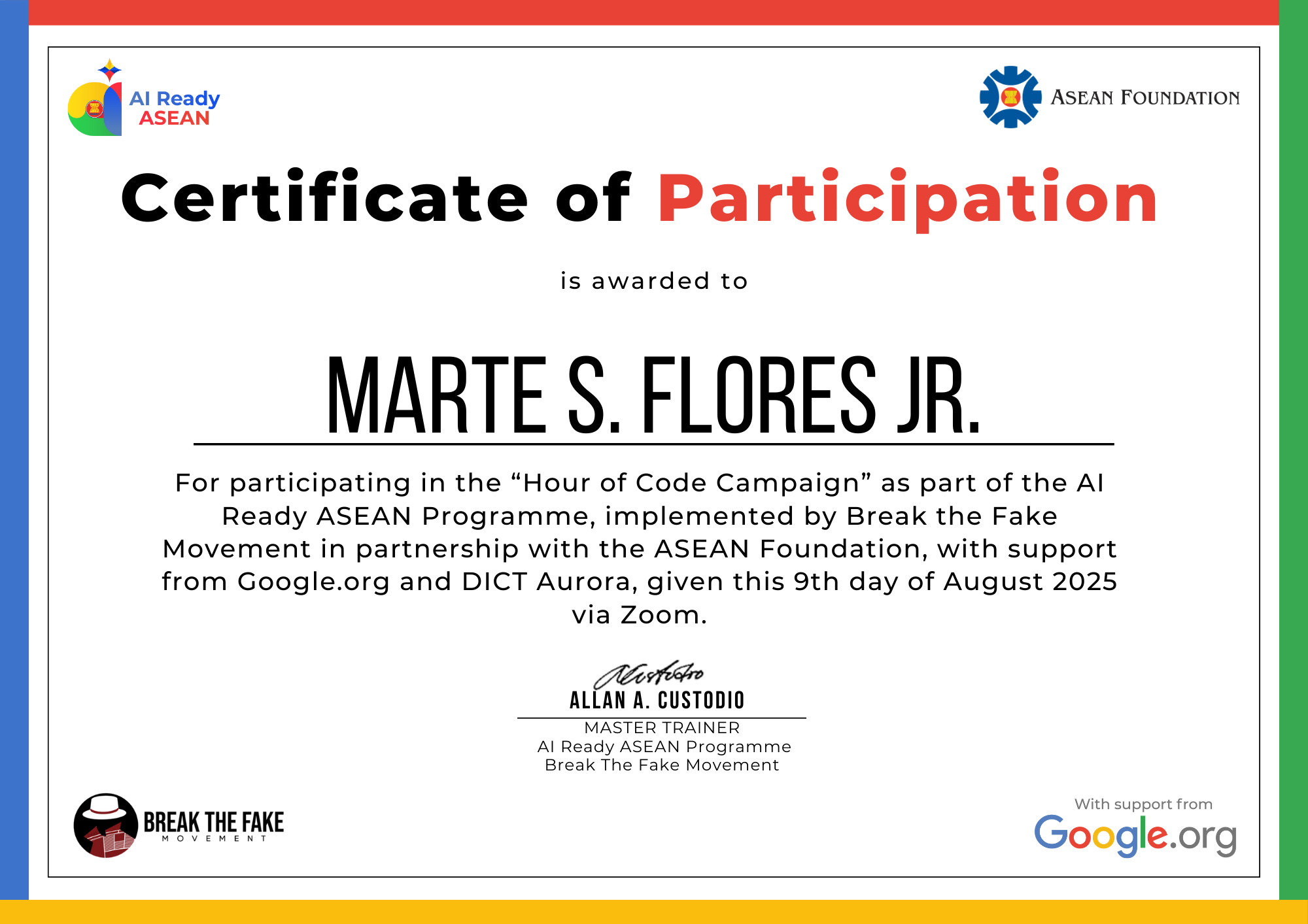 DICT AI Ready ASEAN Program certificate